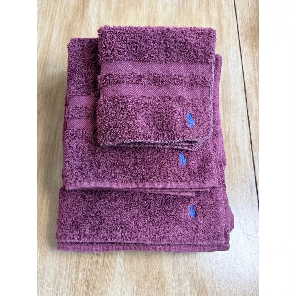 Vintage Ralph Lauren Plum/ Wine 3pc Bath Towel Set Blue Pony Logo